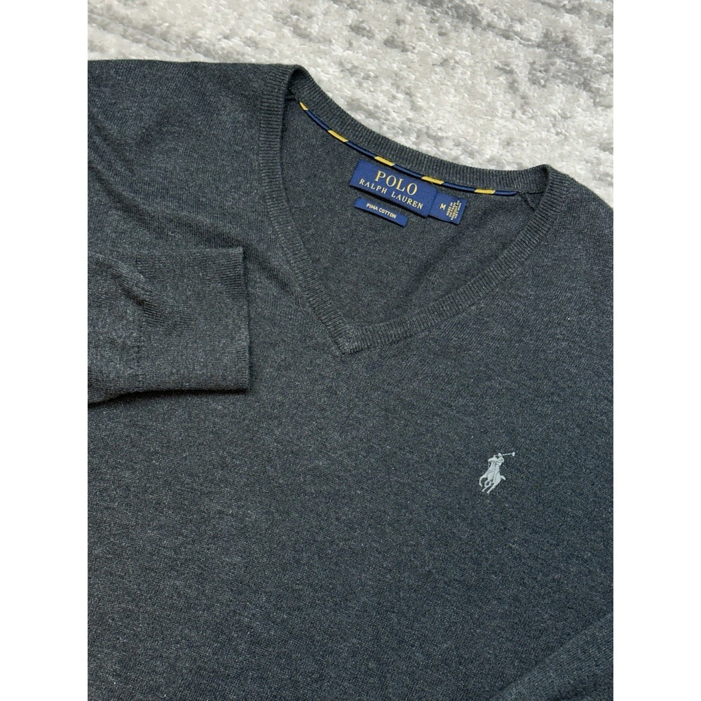 Polo Ralph Lauren Medium Gray Pullover Sweater V‎ Neck Lightweight Pima Cotton